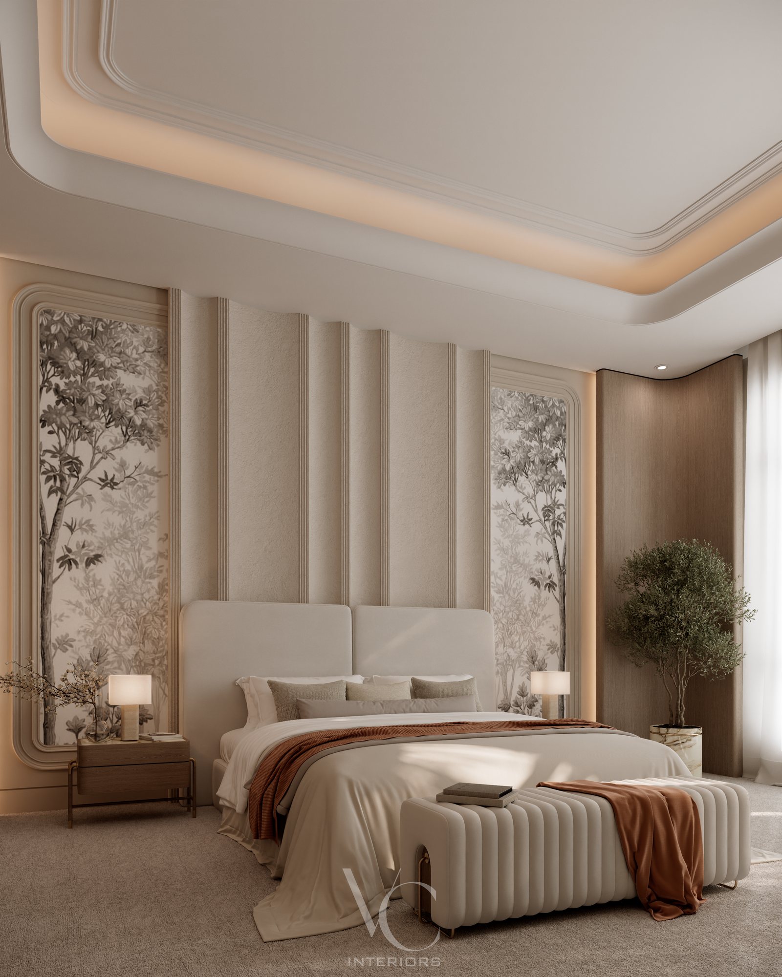 Master bedroom with botanical mural panels