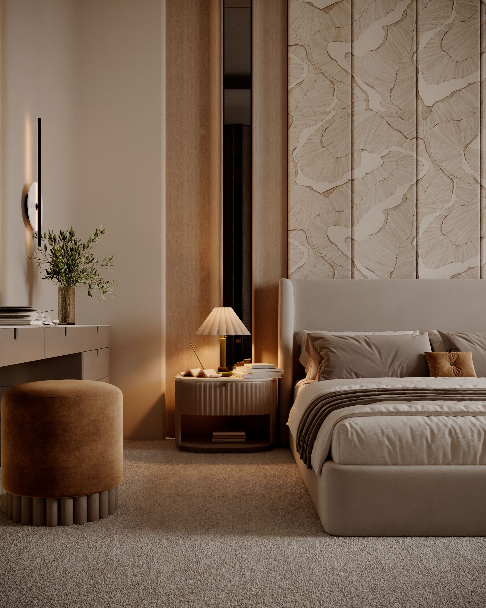 Warm minimal bedroom with velvet ottoman