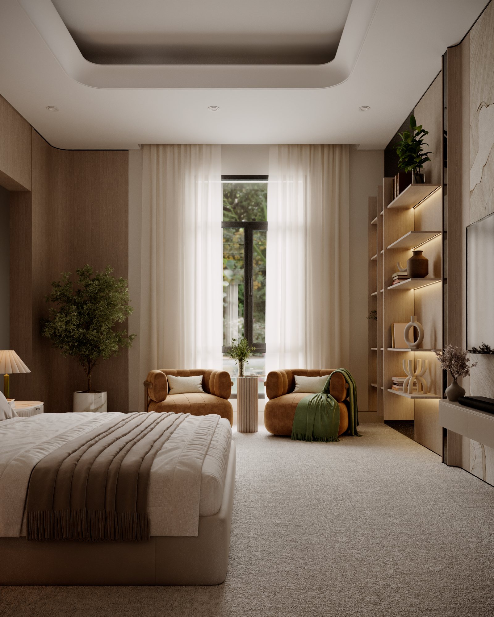 Master bedroom with lit shelving and velvet chairs