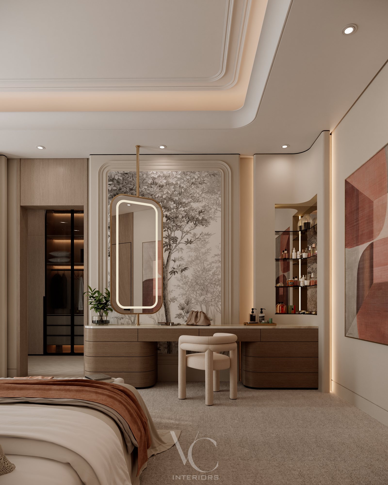 Dressing area with vanity and glass wardrobe