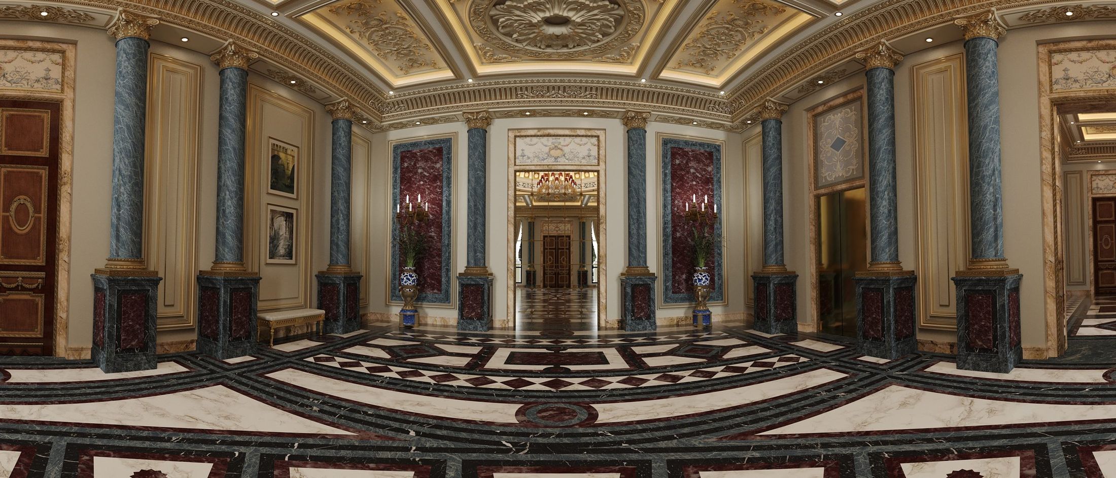 Palace hall with marble columns and coffered gold ceiling